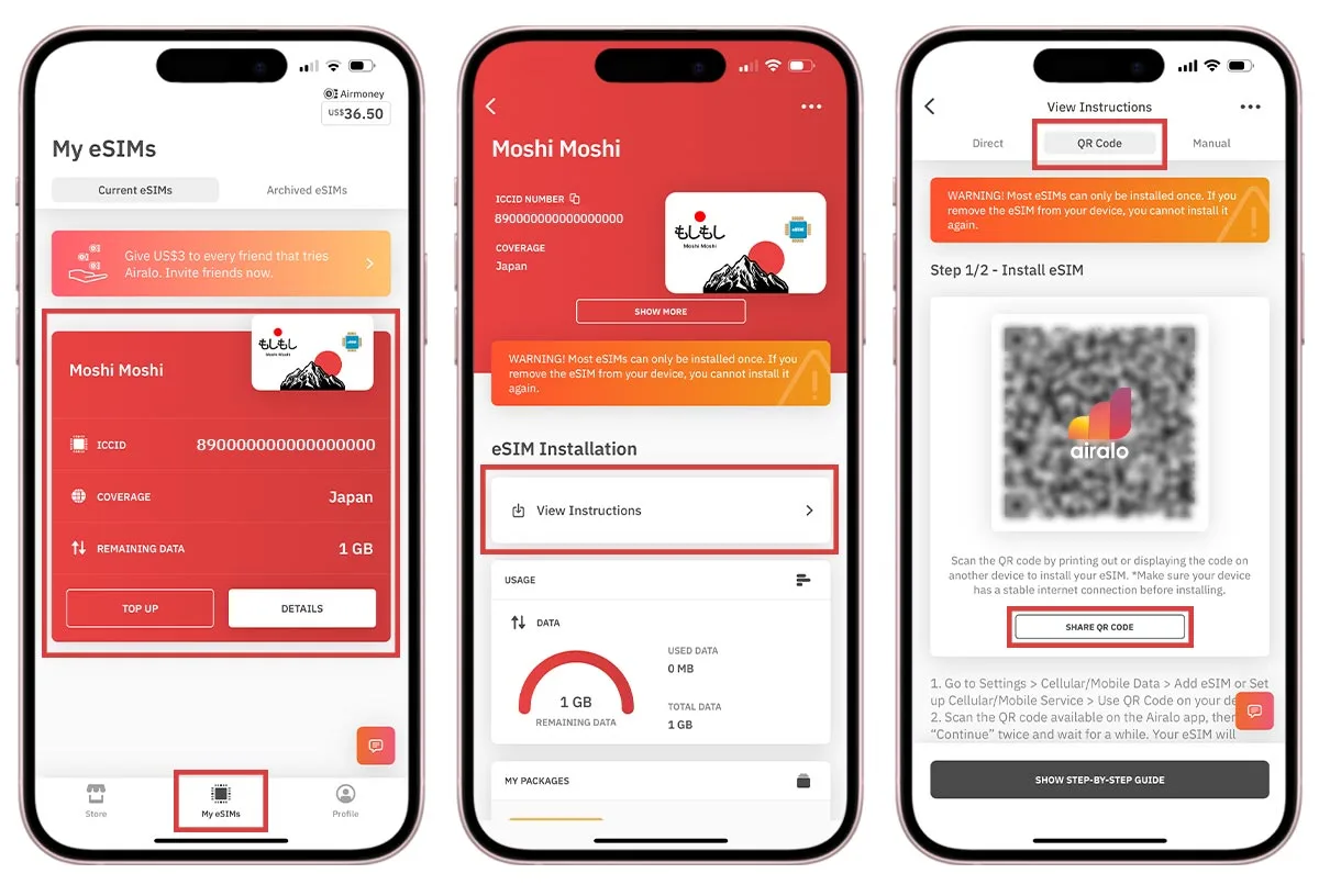 Airalo esim installeren met QR code